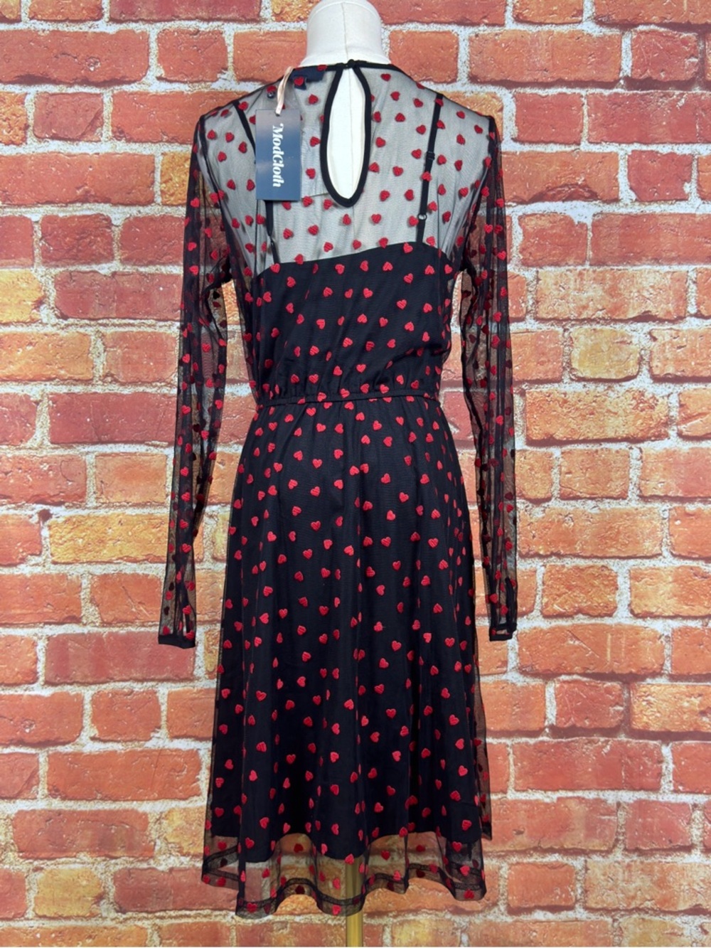 Modcloth Black Dress‎ with Red Heart Pattern Size Small - Picture 4 of 15